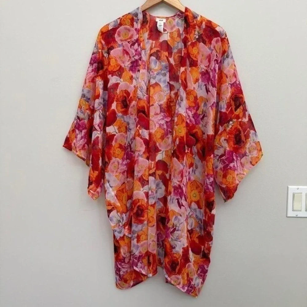 Aerie Chiffon Sheer Floral Kimono‎ Swim Cover Up Orange Pink Beach Resortwear OS